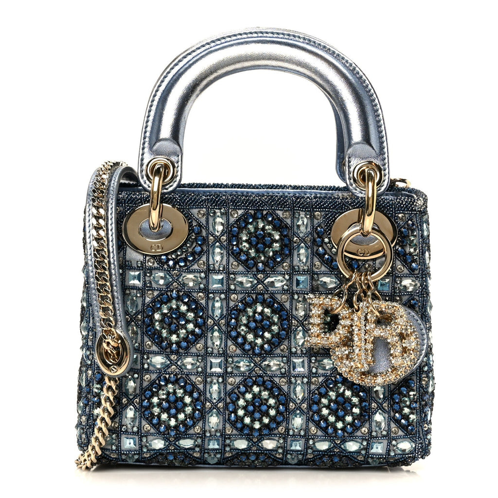 Metallic Calfskin Satin Celestial Bead Embroidery Cannage Mini Lady Dior Blue