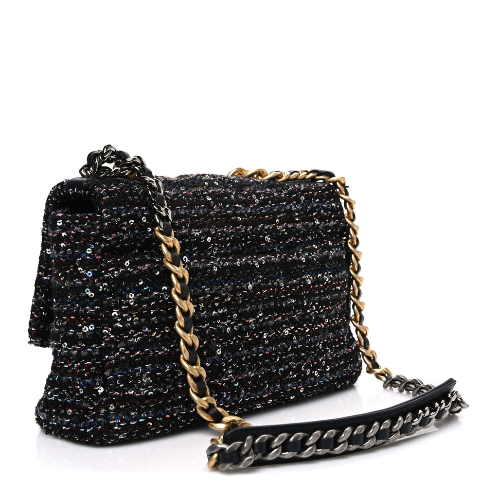 Tweed Sequin Quilted Medium Chanel 19 Flap Black Multicolor