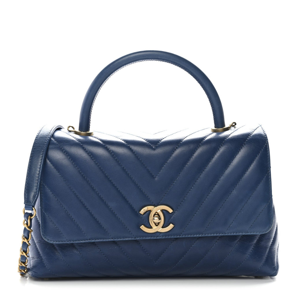 Aged Calfskin Chevron Quilted Small Coco Handle Flap Blue