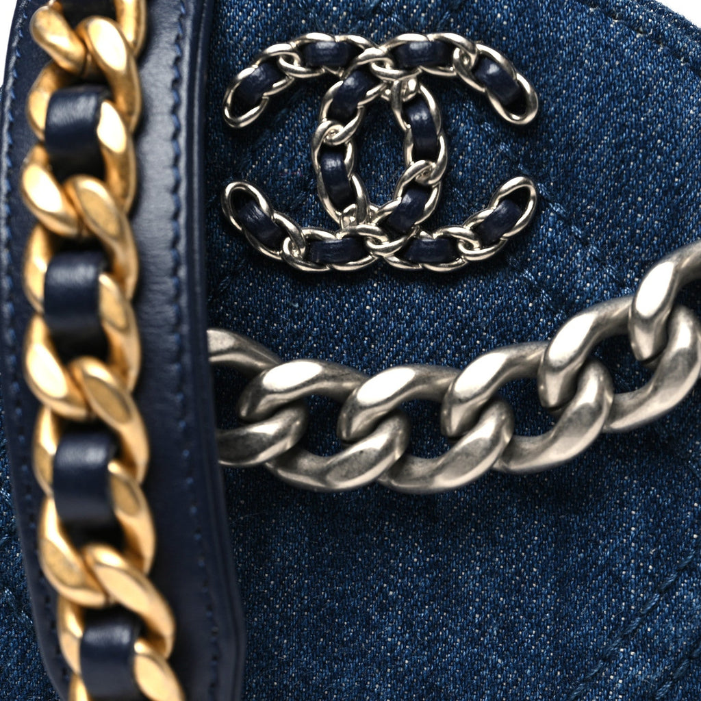 Denim Quilted Chanel 19 Round Clutch With Chain Blue