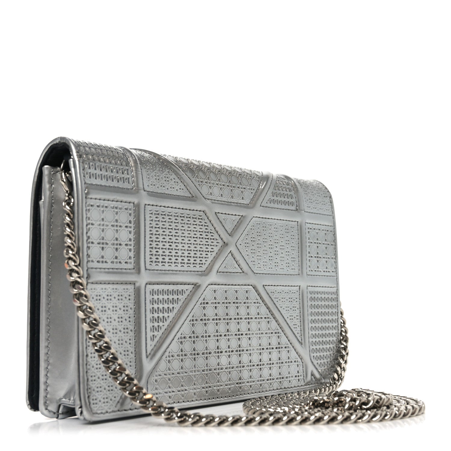 Metallic Patent Micro-Cannage Diorama Wallet on Chain Pouch Silver