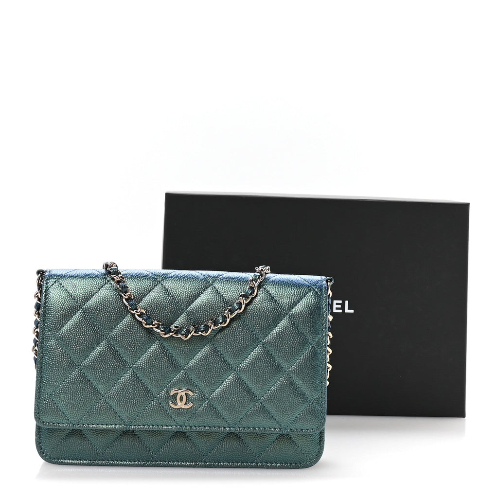 Iridescent Caviar Quilted Wallet on Chain WOC Dark Blue