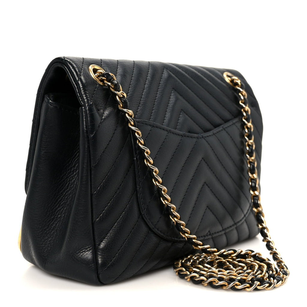 Calfskin Chevron Quilted Mini Rock The Corner Flap Black