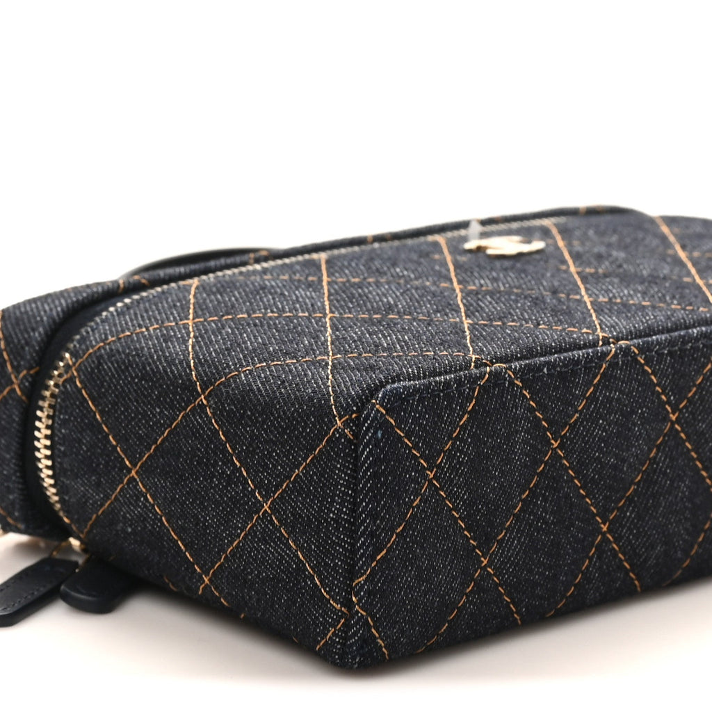Denim Quilted Top Handle Slim Vanity Case With Chain Dark Blue Orange