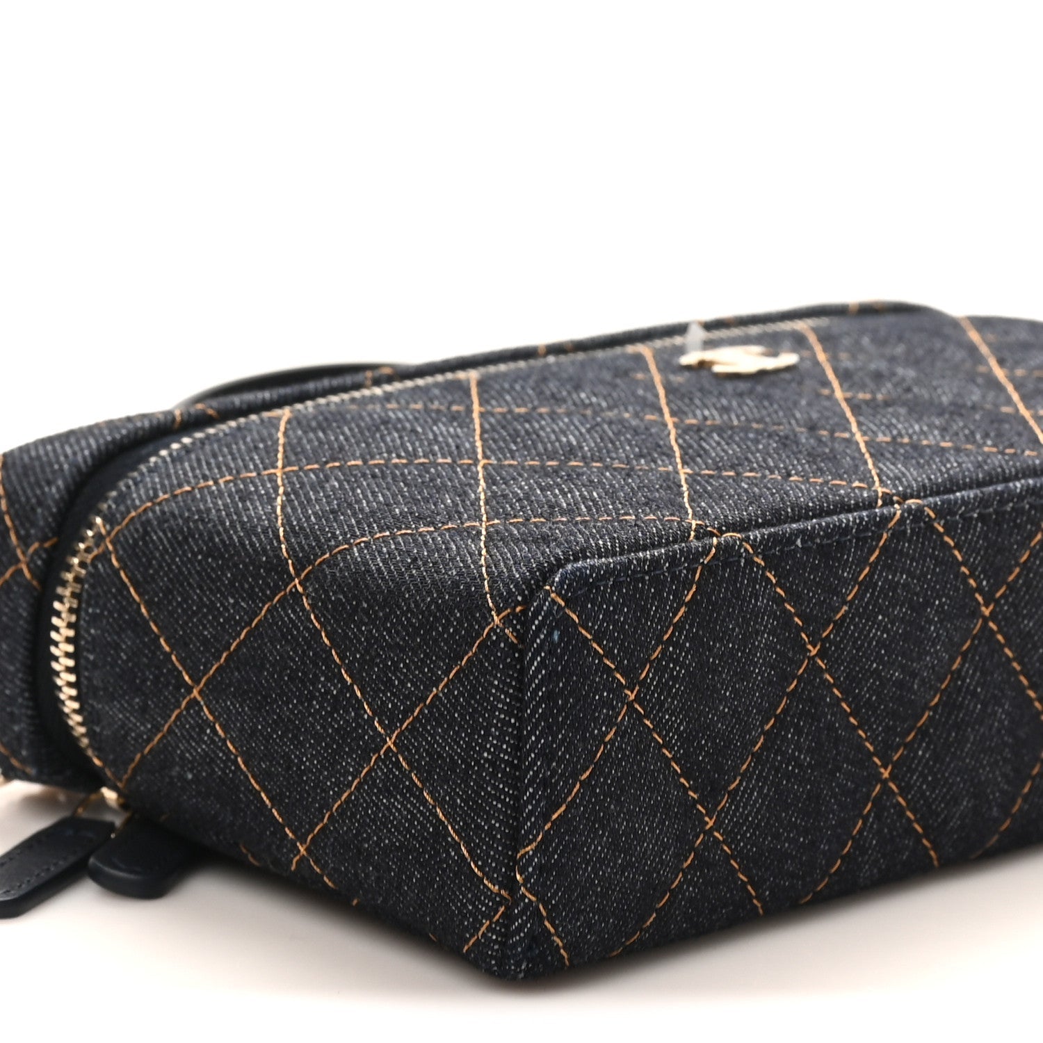 Denim Quilted Top Handle Slim Vanity Case With Chain Dark Blue Orange