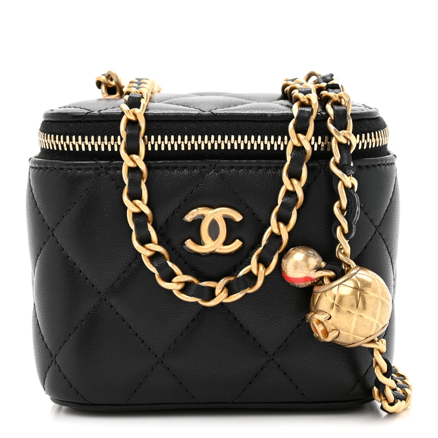 Lambskin Quilted Mini Pearl Crush Vanity Case With Chain Black