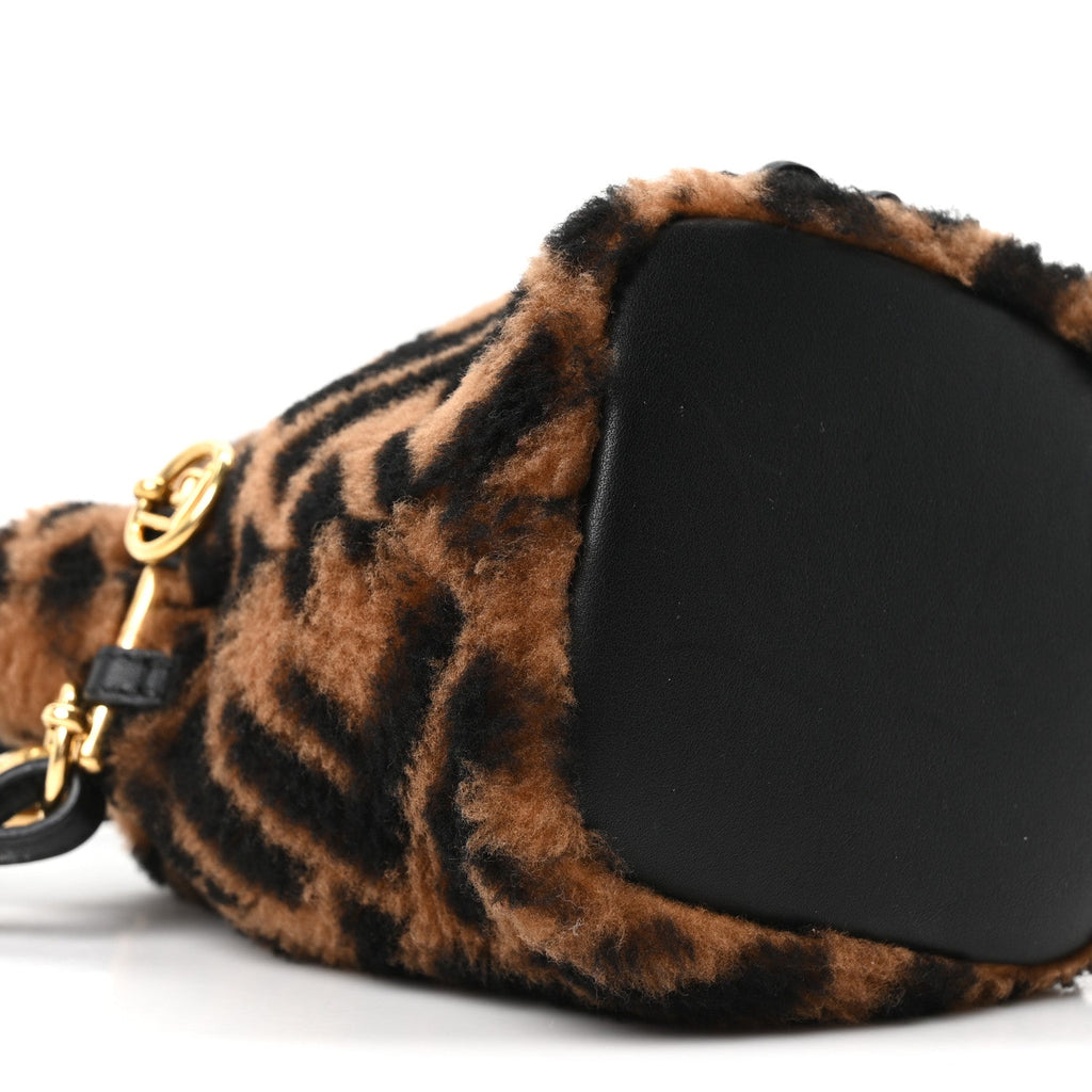 Shearling Vitello Dolce F is Fendi Macro FF 1974 Mini Mon Tresor Bucket Bag Tobacco Black