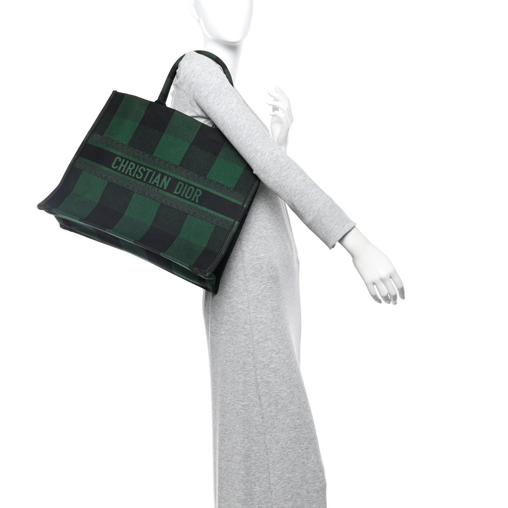 Canvas Embroidered Checkered Book Tote Black Green