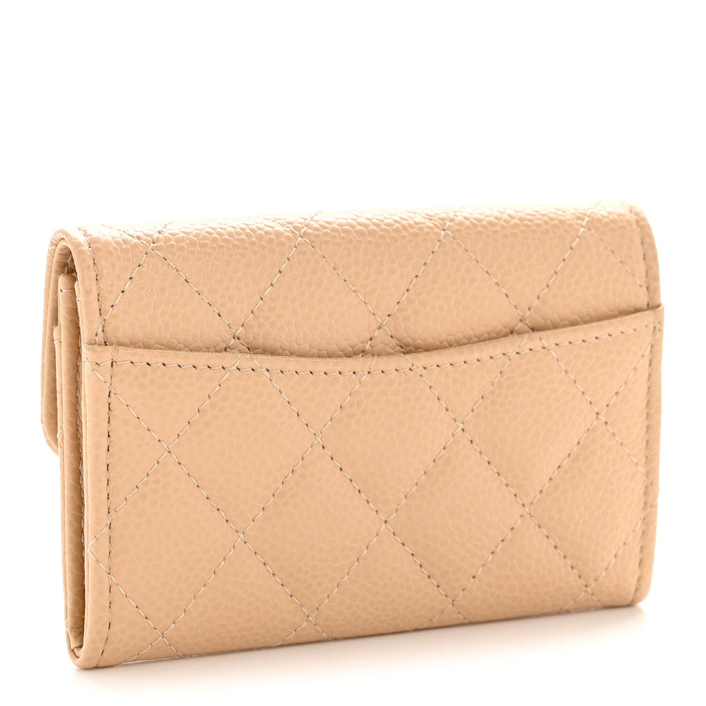Caviar Quilted Flap  Holder Wallet Beige