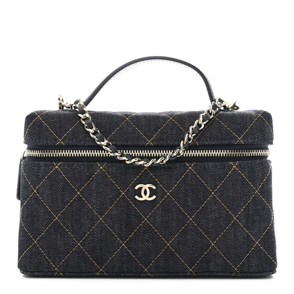 Denim Quilted Top Handle Slim Vanity Case With Chain Dark Blue Orange