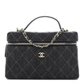 Denim Quilted Top Handle Slim Vanity Case With Chain Dark Blue Orange