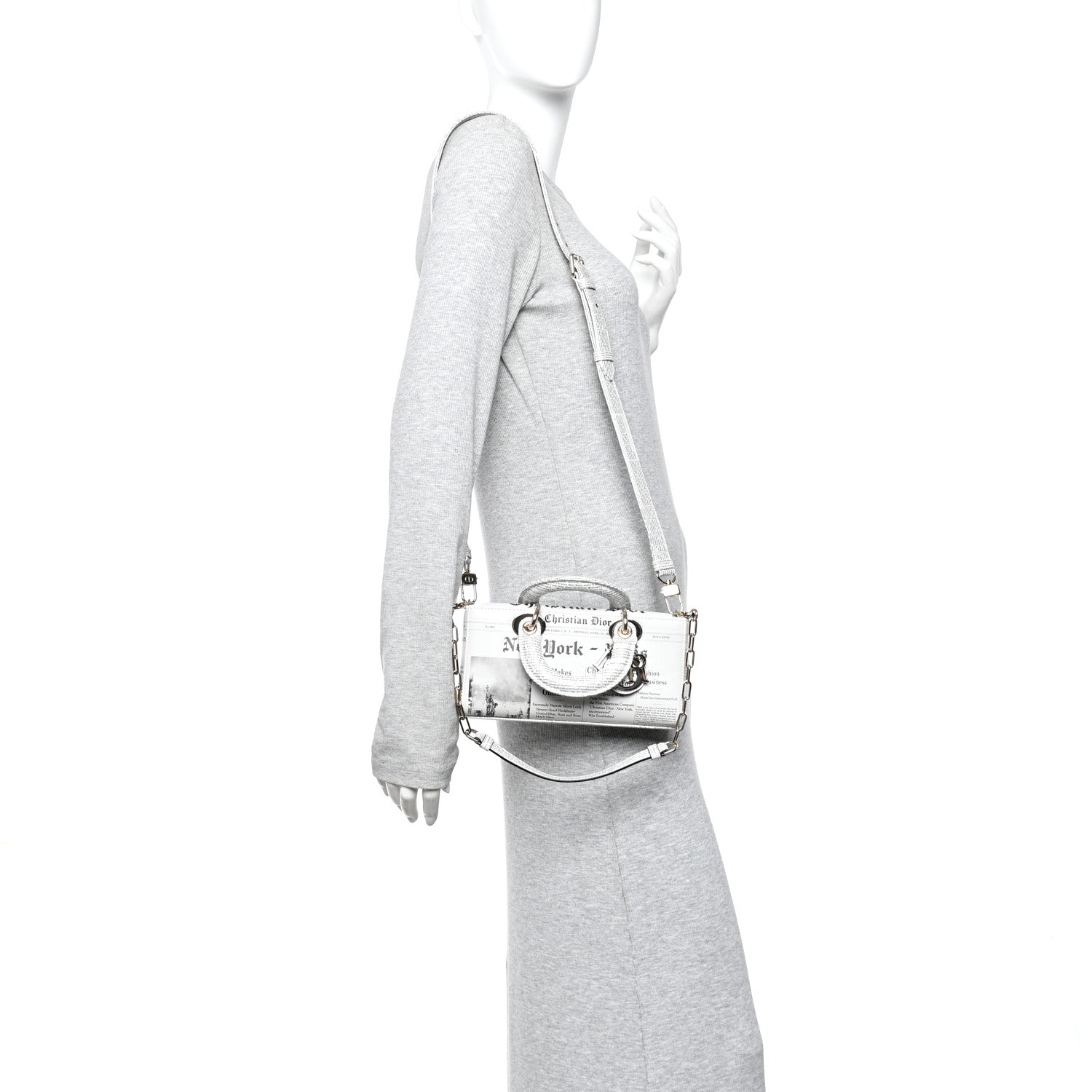 Calfskin Newspaper Printed Small Lady D-Joy Black White