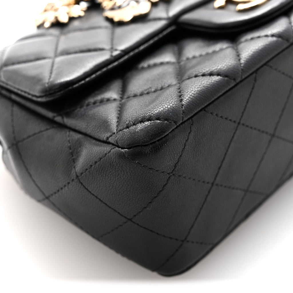 Lambskin Quilted Mini Coco Charms Rectangular Flap Black