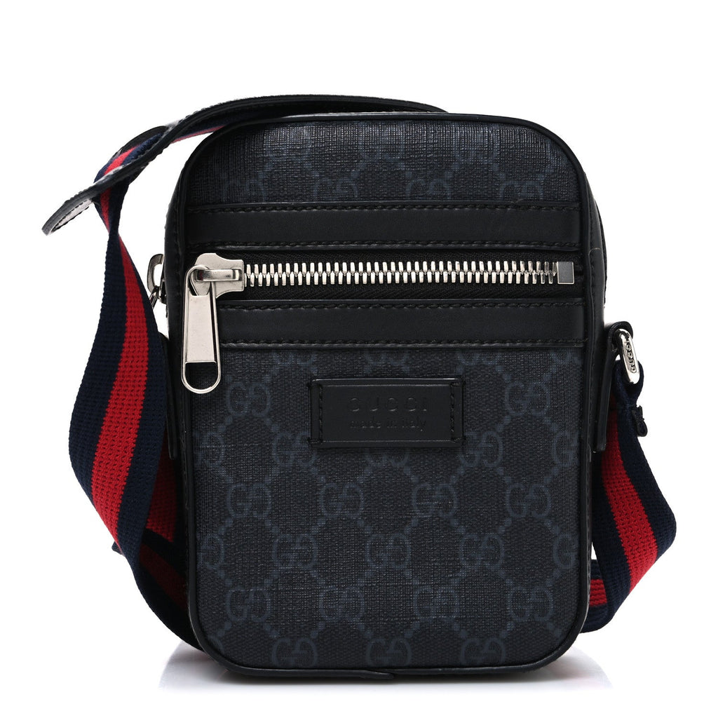 GG Supreme Monogram Appia Calfskin Web Small Camera Messenger Bag Black Grey