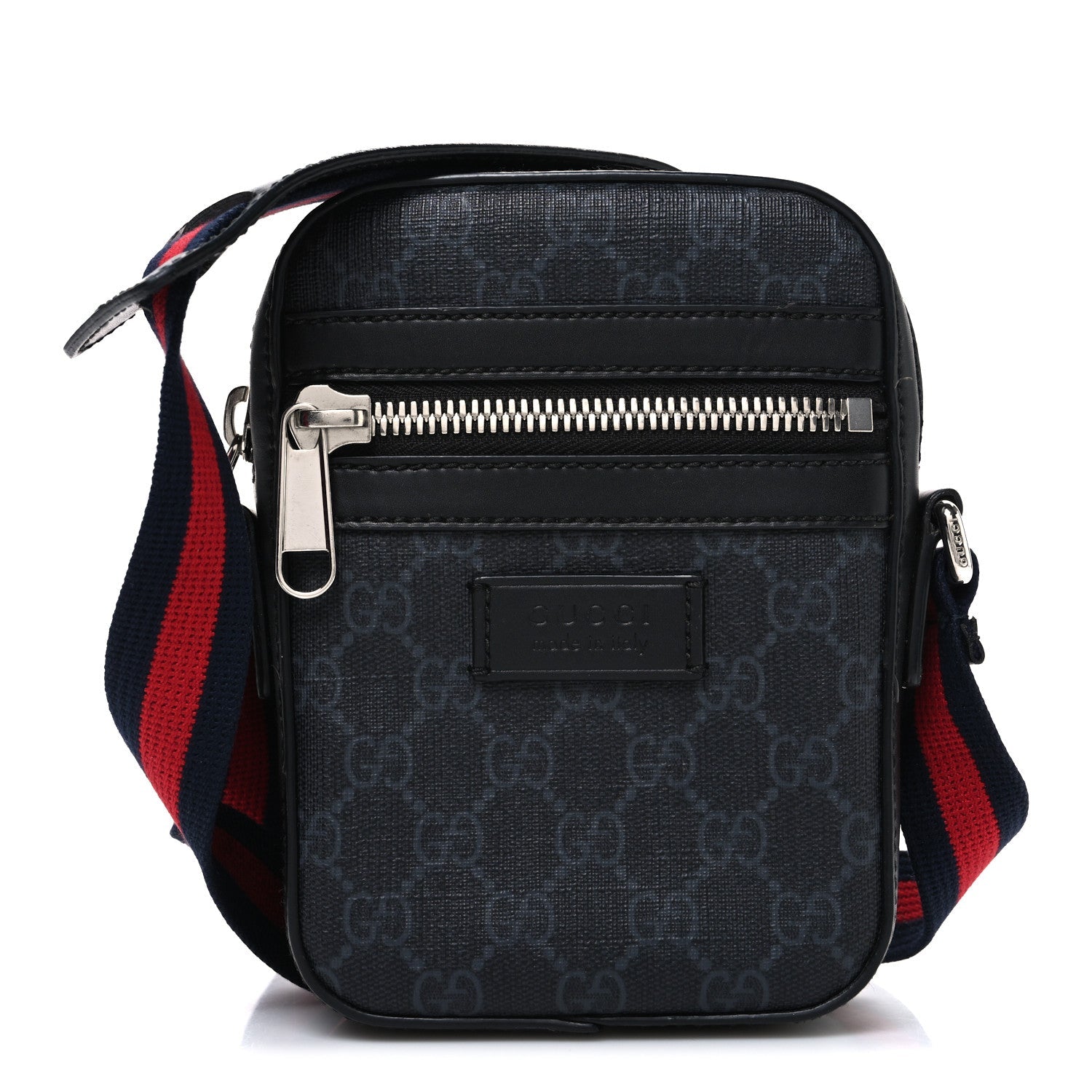 GG Supreme Monogram Appia Calfskin Web Small Camera Messenger Bag Black Grey