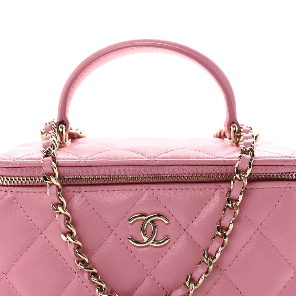 Lambskin Quilted Small Top Handle Vanity Case With Chain Pink