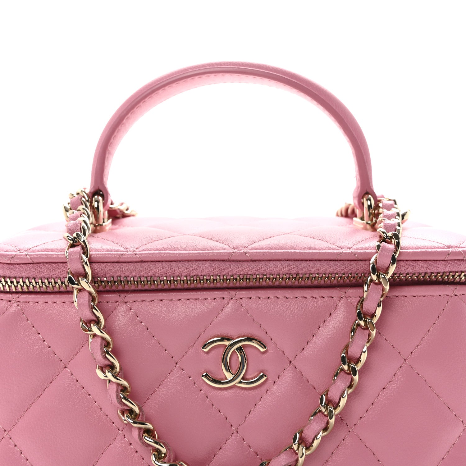 Lambskin Quilted Small Top Handle Vanity Case With Chain Pink