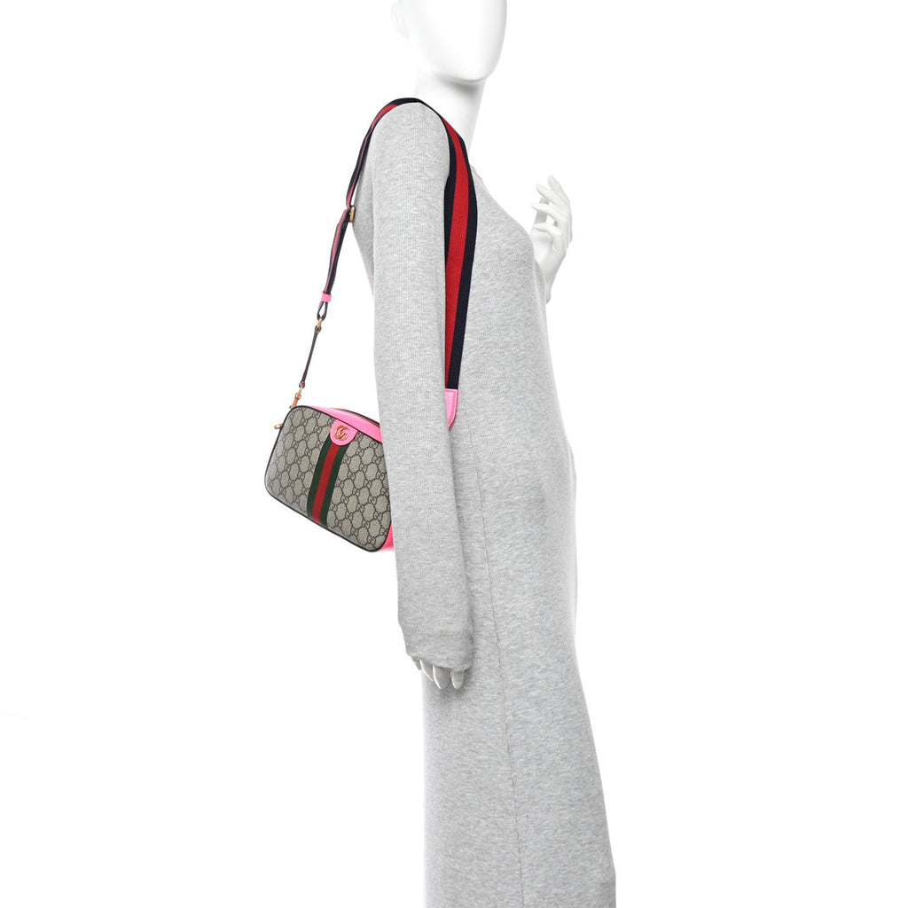 GG Supreme Monogram Textured Dollar Calfskin Web Ophidia Small Crossbody Bag Beige Ebony Fuchsia