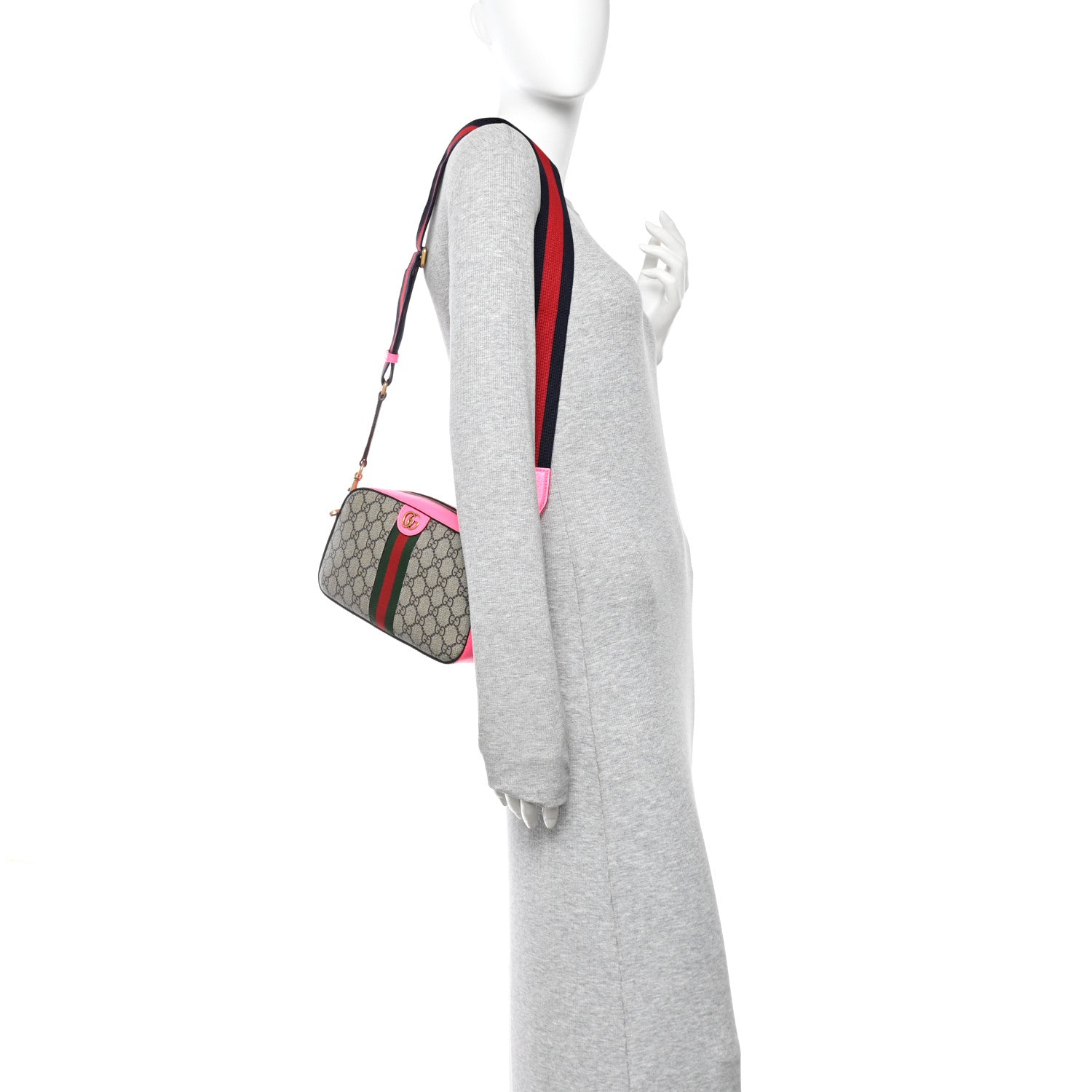GG Supreme Monogram Textured Dollar Calfskin Web Ophidia Small Crossbody Bag Beige Ebony Fuchsia