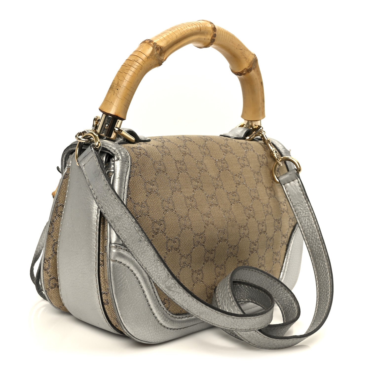 Monogram Metallic Calfskin Medium New Bamboo Top Handle Bag Silver Beige