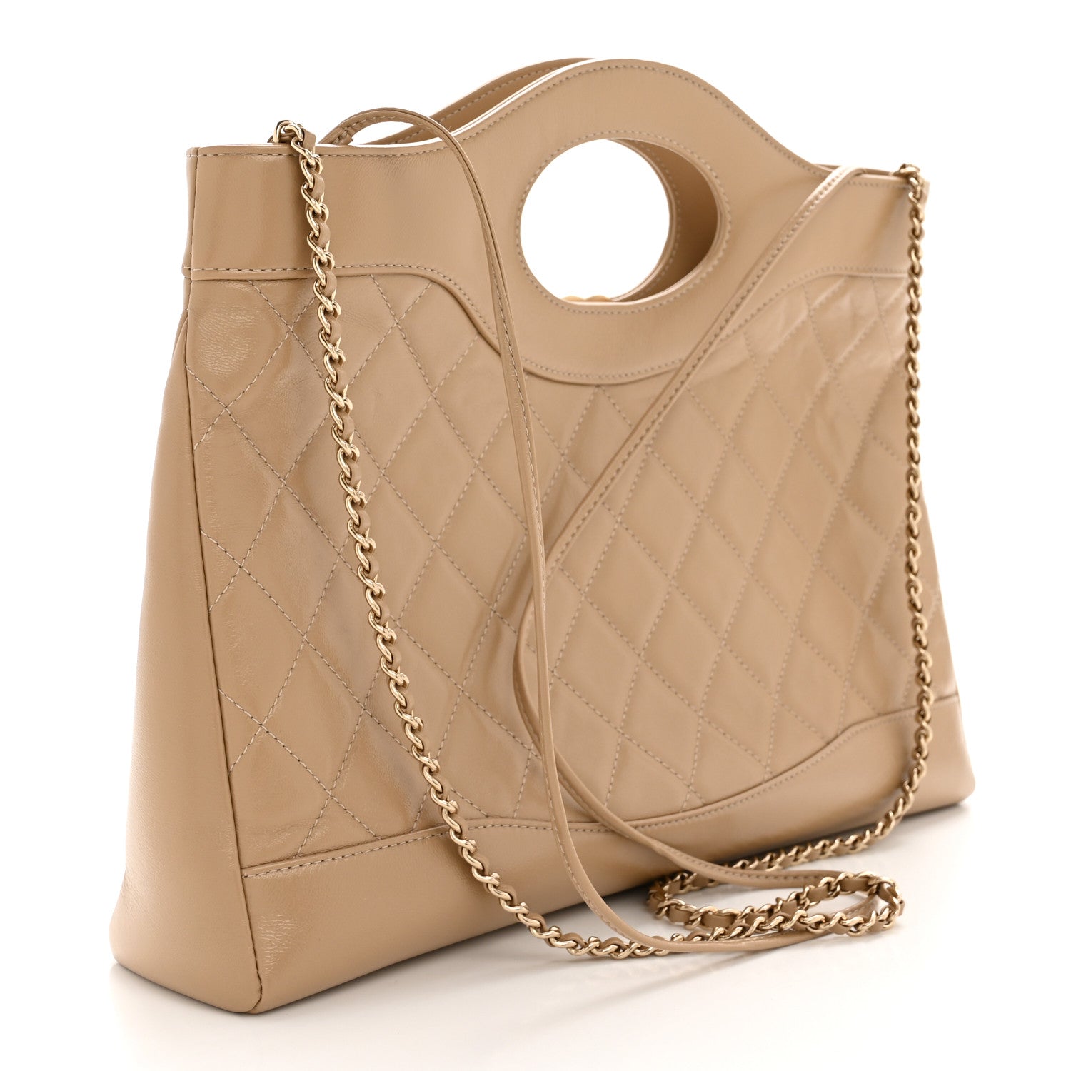 Shiny Crumpled Calfskin Quilted 31 Shopping Bag Dark Beige