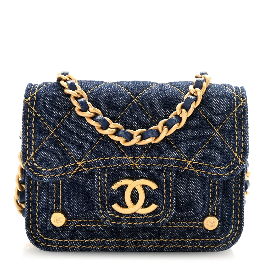 Denim Quilted Double You  Holder On Chain Blue