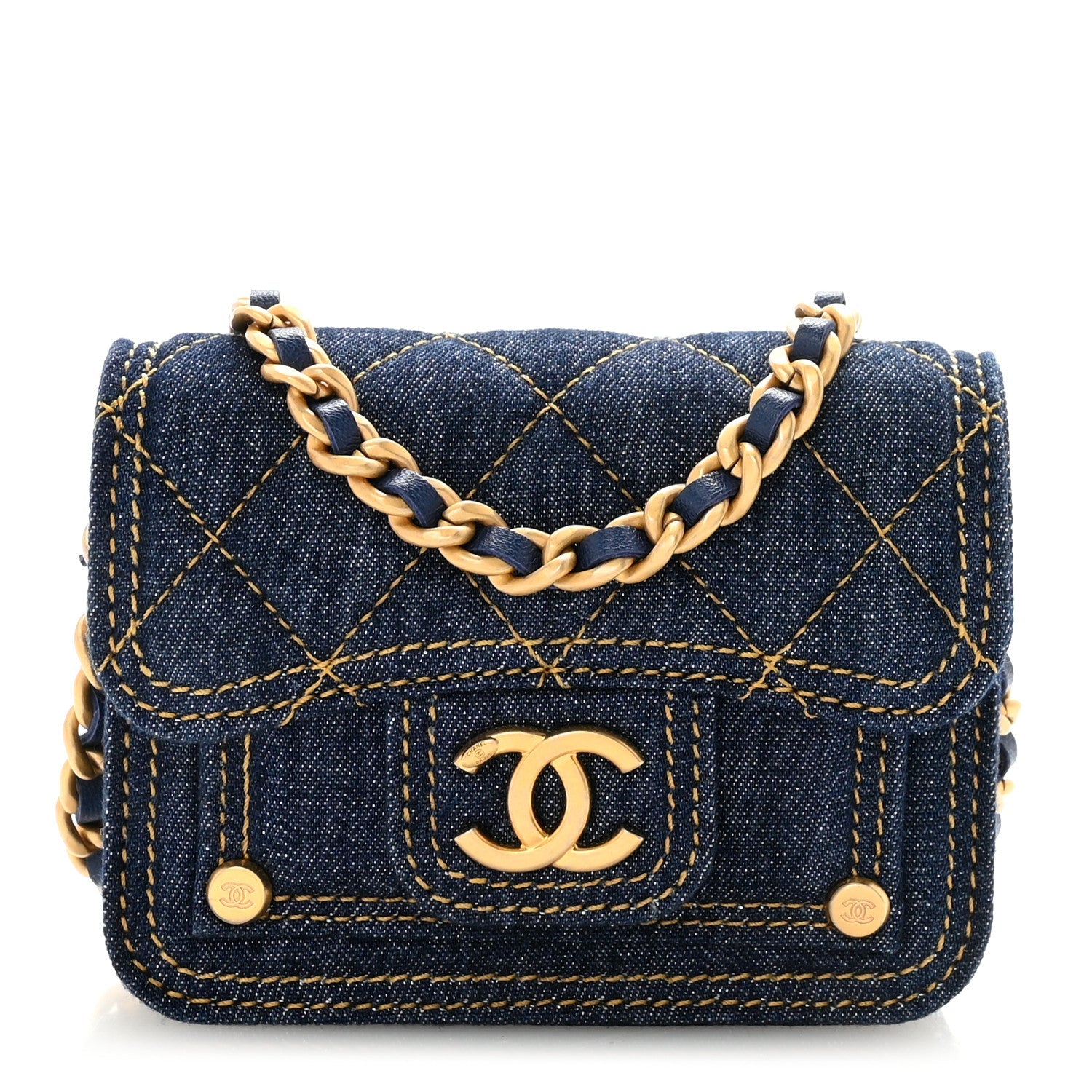 Denim Quilted Double You  Holder On Chain Blue