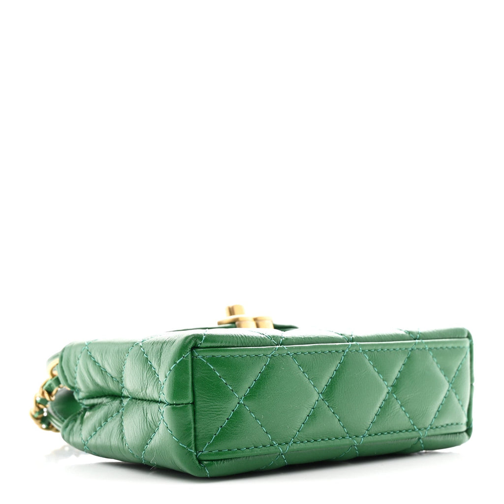 Shiny Aged Calfskin Quilted Mini Nano Kelly Shopper Green