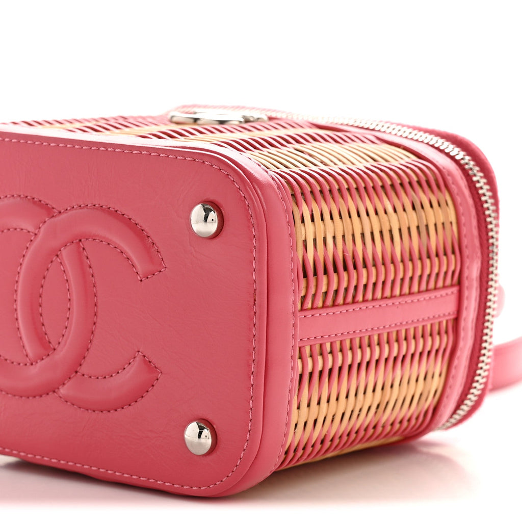 Calfskin Raffia Small Take Away Vanity Case Bag Pink Beige