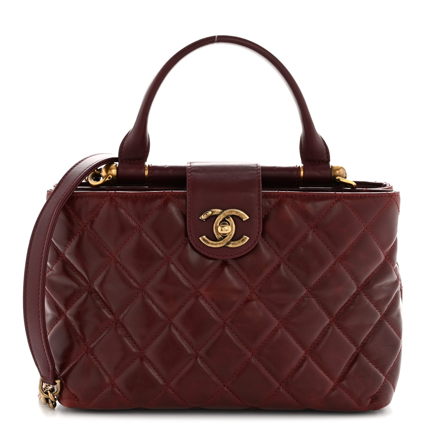 Glazed Calfskin Quilted Small Gold Bar Tote Red