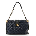 Lambskin Quilted Elegant CC Shopping Tote Navy Black