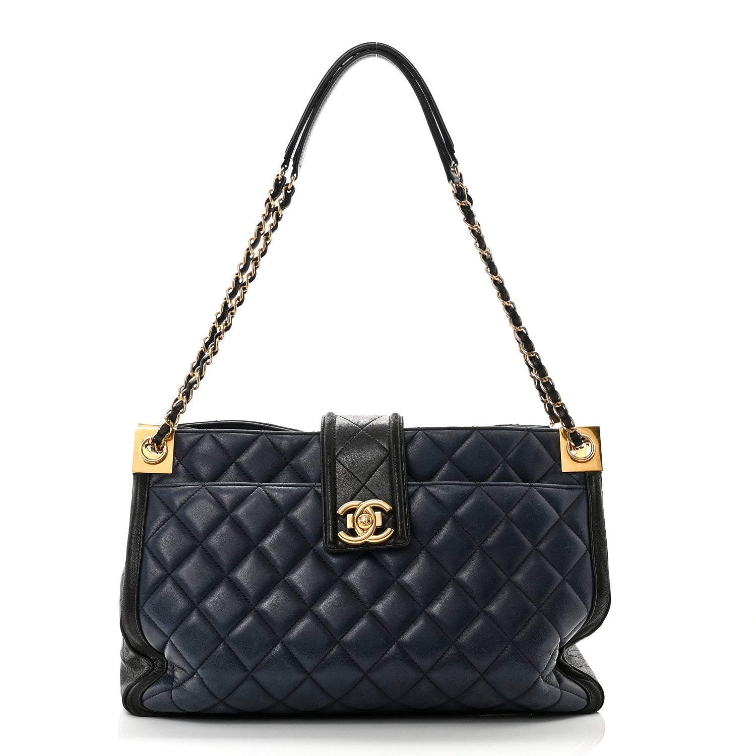 Lambskin Quilted Elegant CC Shopping Tote Navy Black