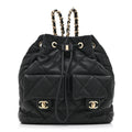 Lambskin Quilted Double Pocket Drawstring Backpack Black