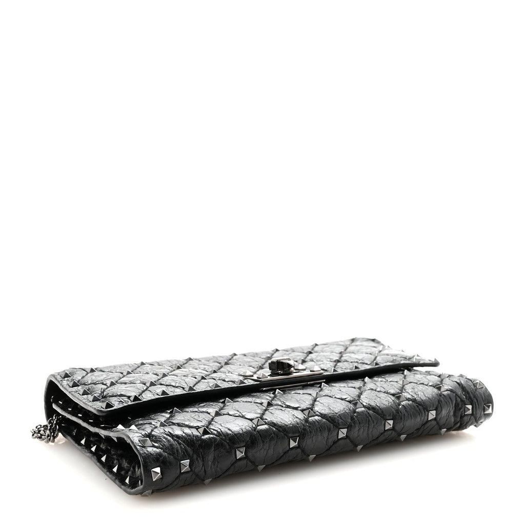 Craquele Nappa Rockstud Spike Wallet on Chain Black