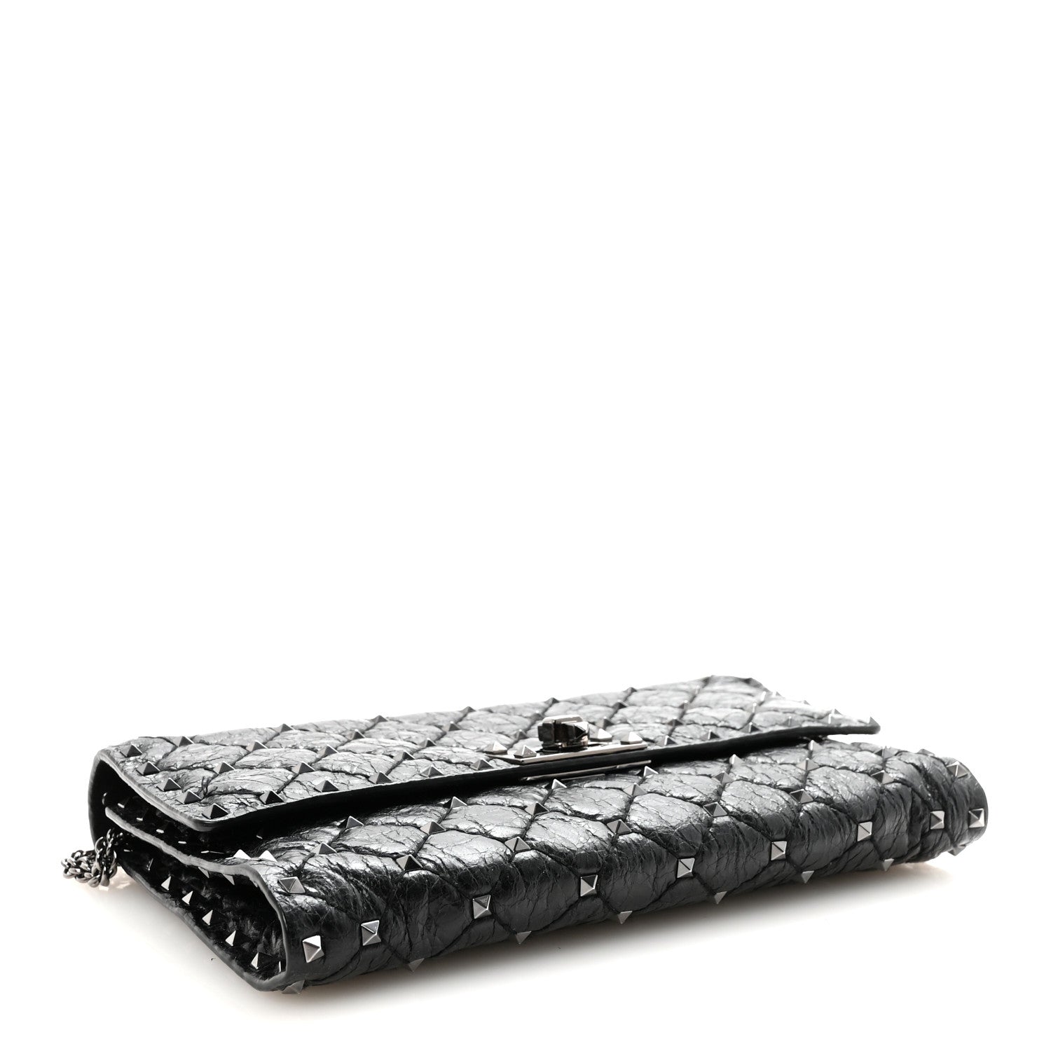 Craquele Nappa Rockstud Spike Wallet on Chain Black