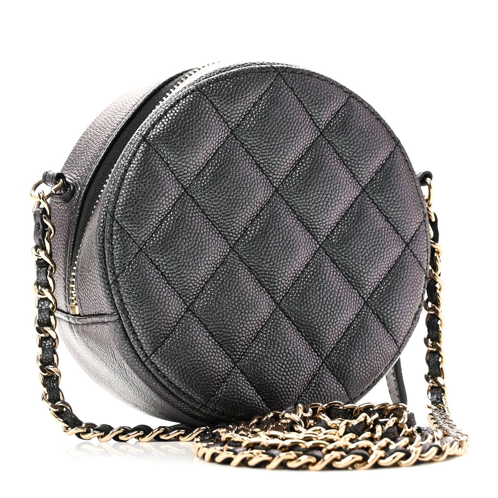 Iridescent Caviar Quilted Round Clutch With Chain Black