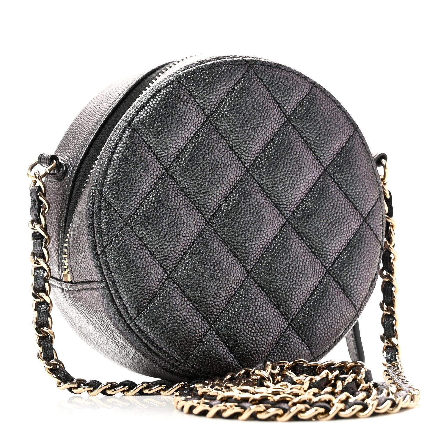 Iridescent Caviar Quilted Round Clutch With Chain Black