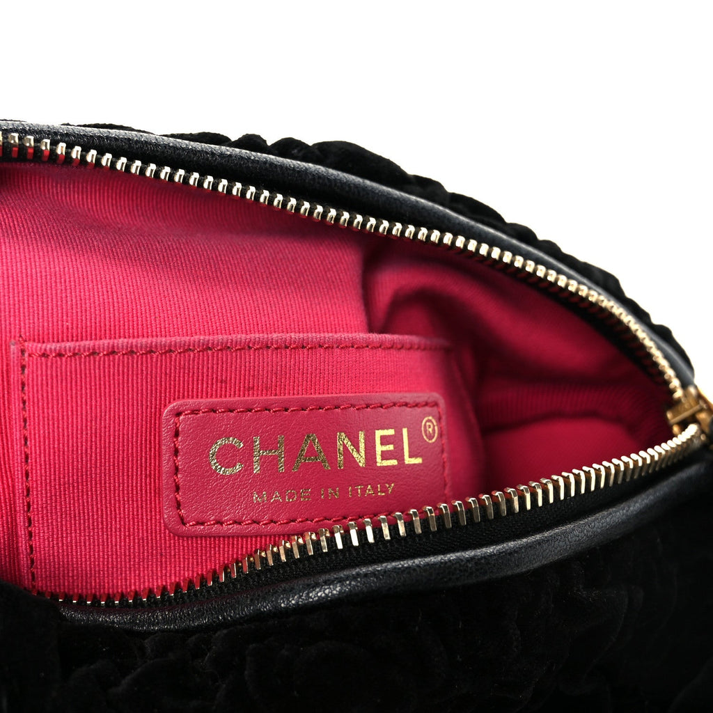 Velvet Camellia Embossed Barrel Clutch With Chain  Black