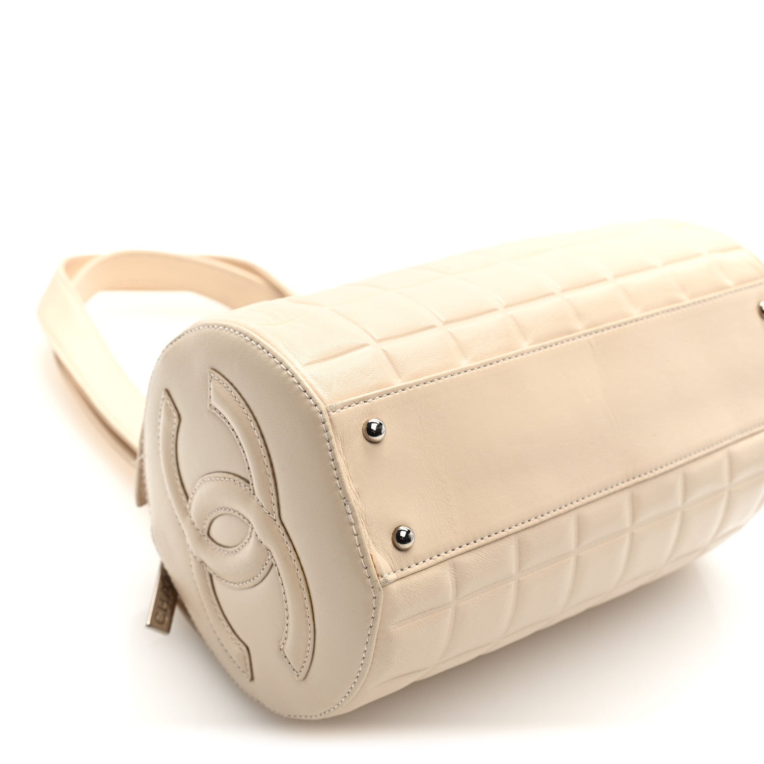 Lambskin Quilted CC Chocolate Bar Barrel Bag Beige