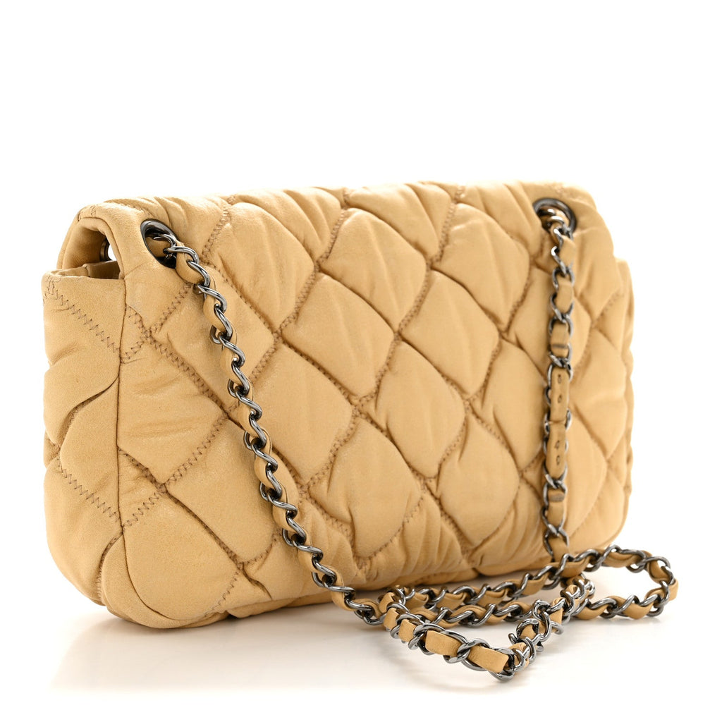 Calfskin Quilted Medium Bubble Quilt Flap Bag Beige