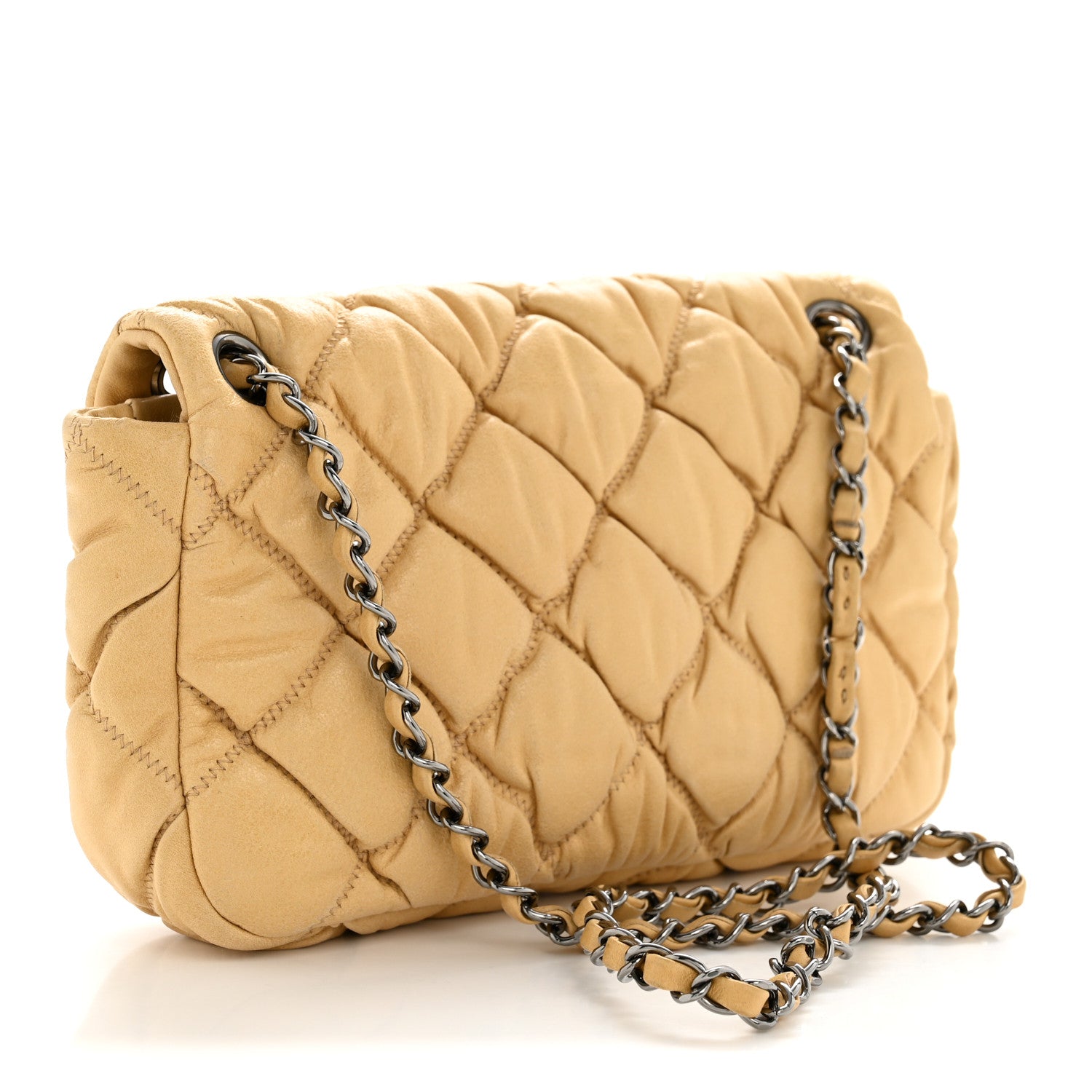 Calfskin Quilted Medium Bubble Quilt Flap Bag Beige