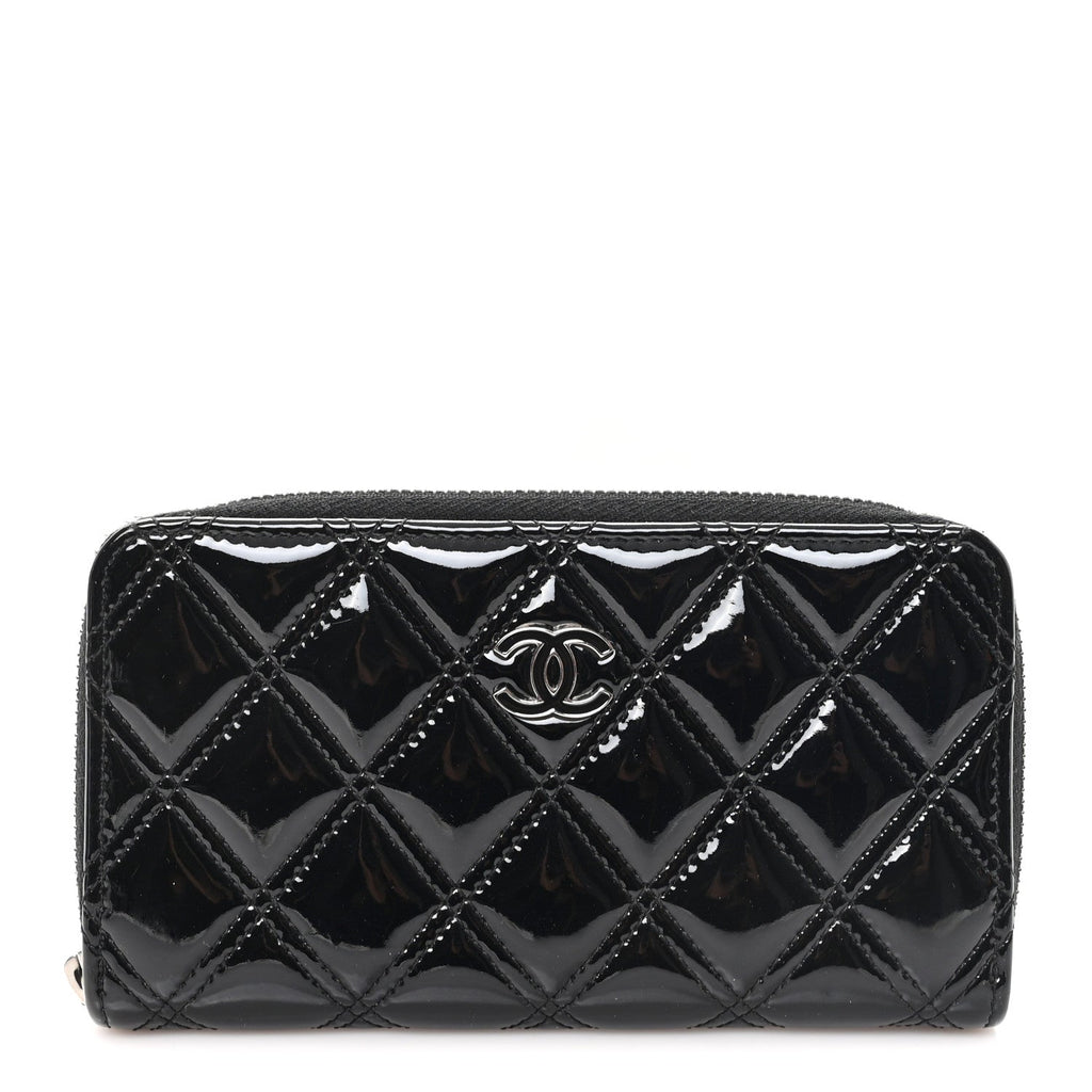 Patent Quilted Double Stitched Zip Around Wallet Black
