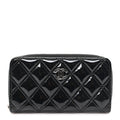 Patent Quilted Double Stitched Zip Around Wallet Black