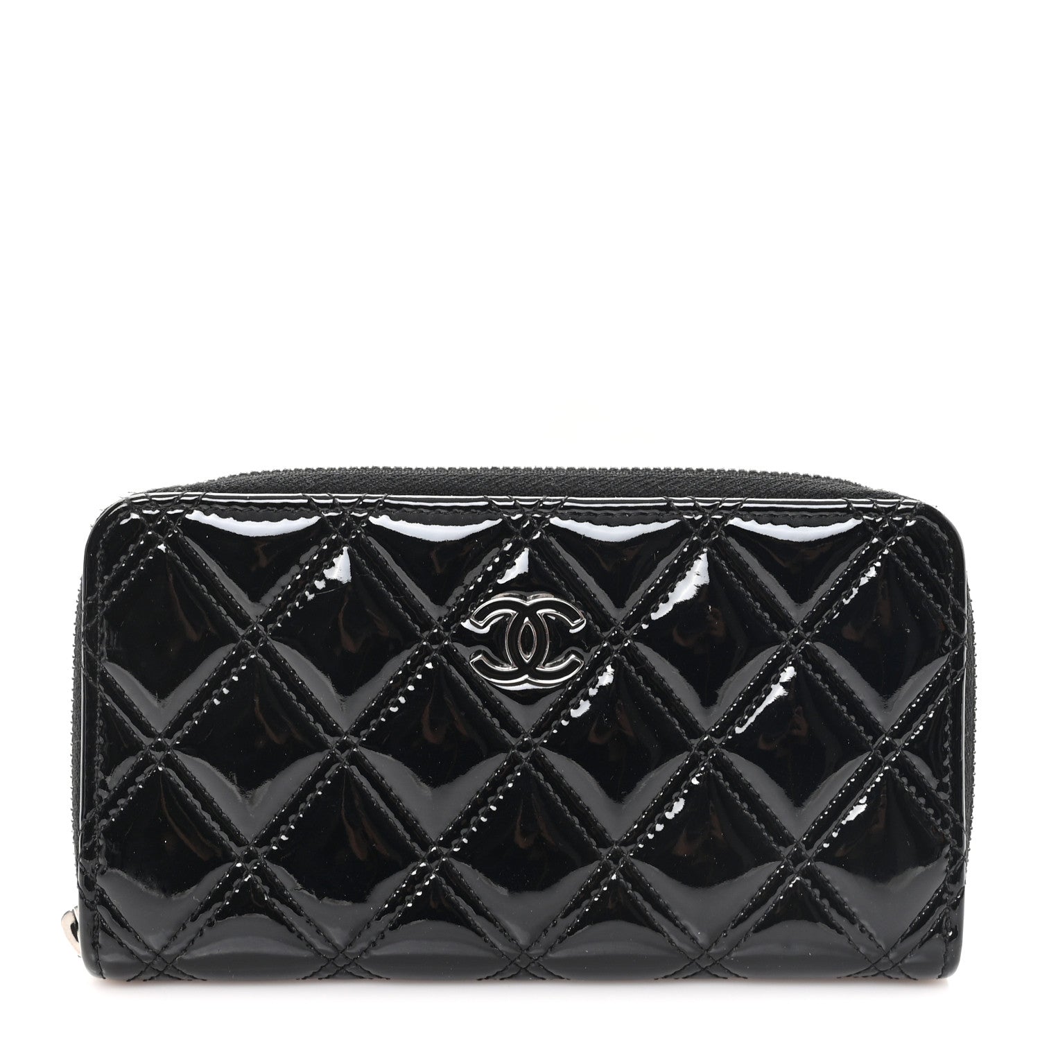 Patent Quilted Double Stitched Zip Around Wallet Black