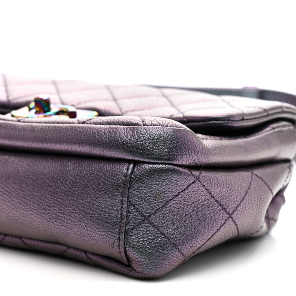 Iridescent Goatskin Quilted Small Double Carry Waist Chain Flap Purple