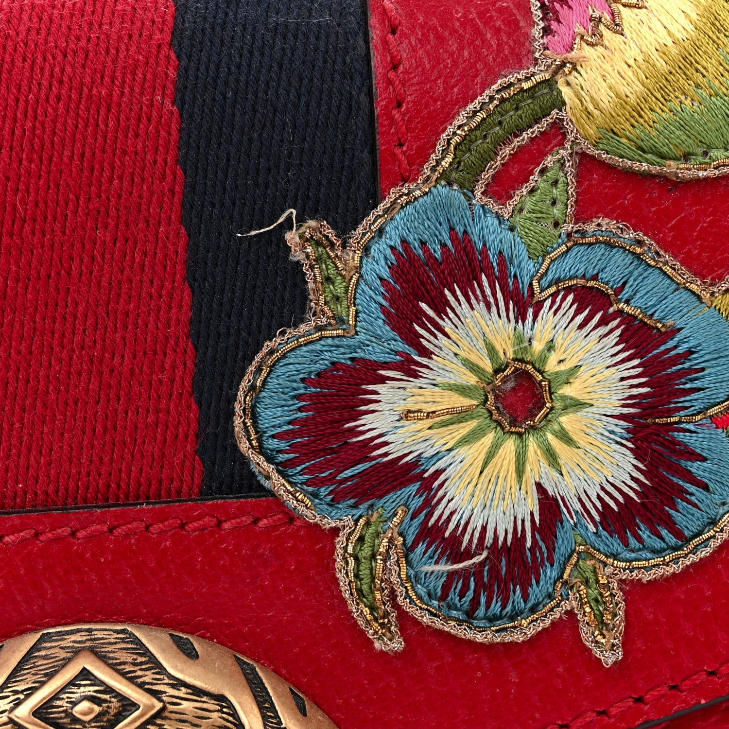 Calfskin Web Floral Embroidered Small Dionysus Shoulder Bag Hibiscus Red