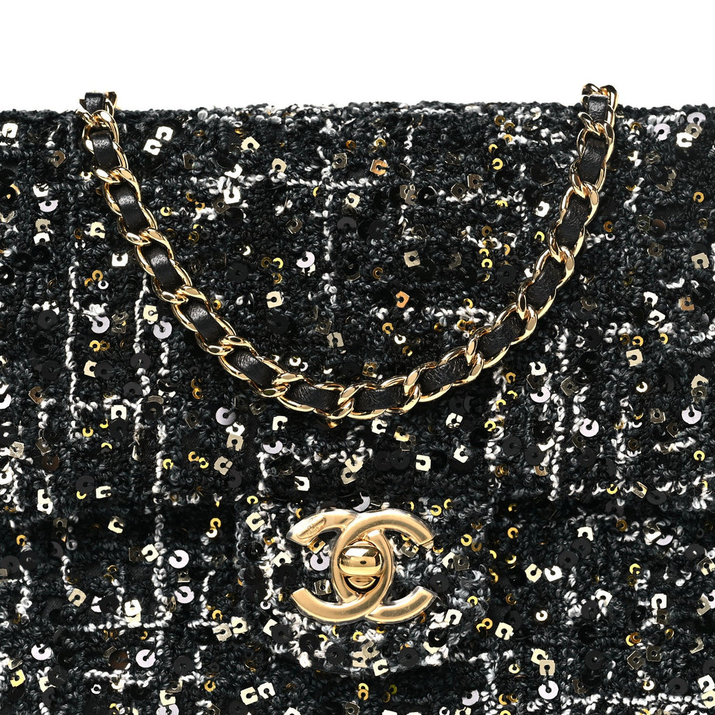 Tweed Sequin Small Single Flap Black Silvery Golden