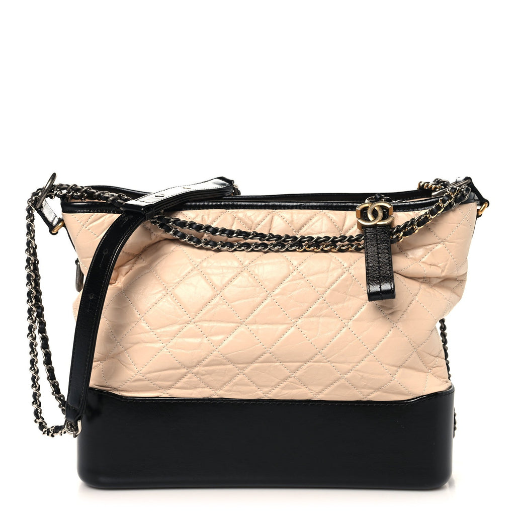 Aged Calfskin Quilted Medium Gabrielle Hobo Beige Black