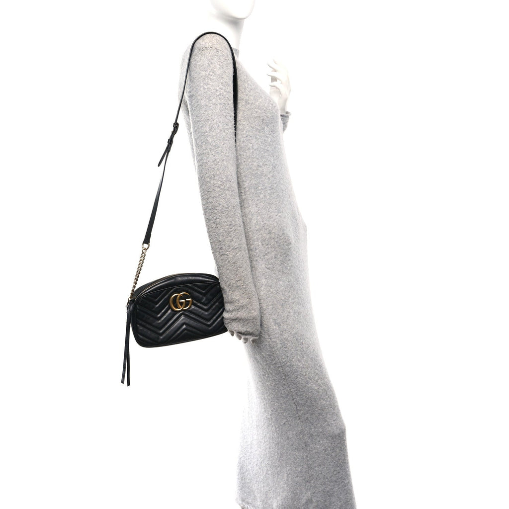 Calfskin Matelasse Small GG Marmont Chain Shoulder Bag Black