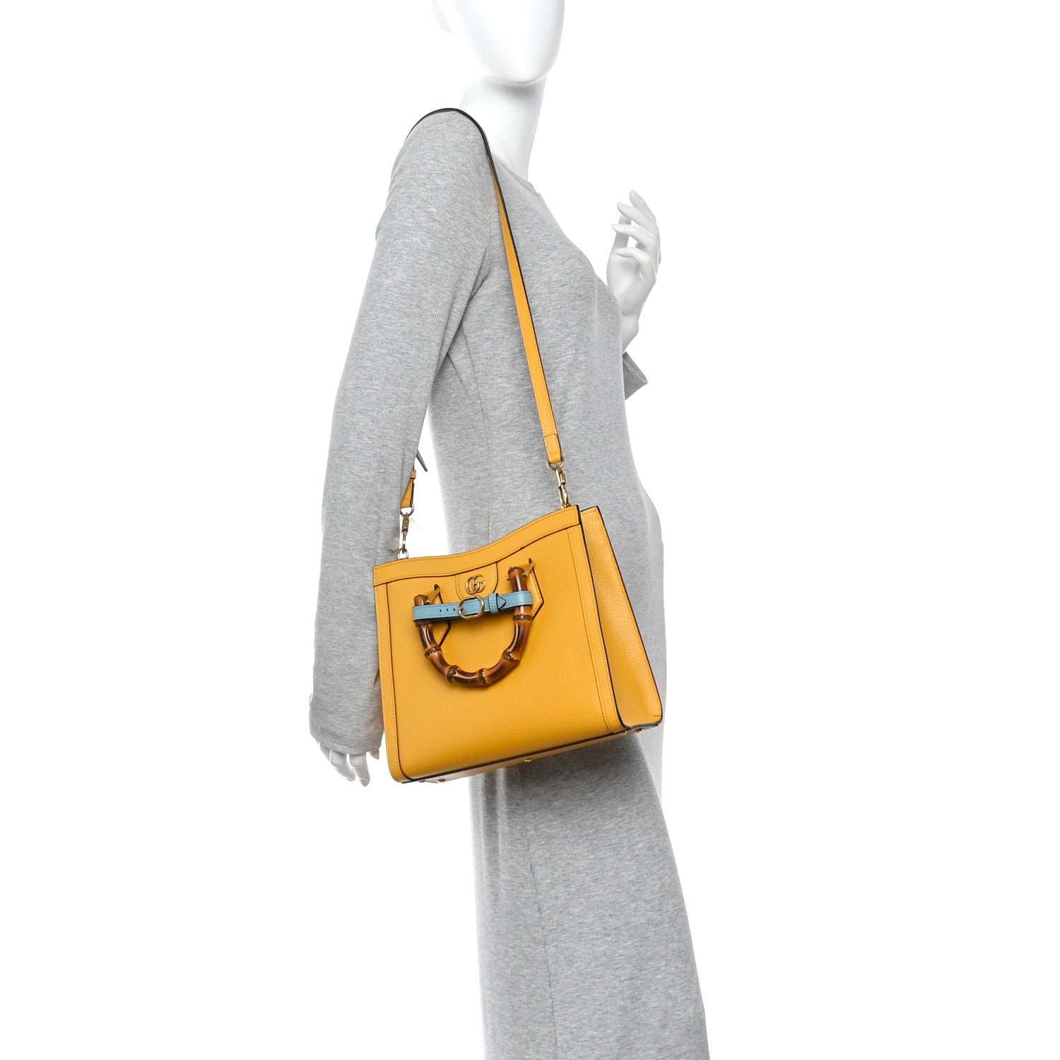 Textured Dollar Calfskin Web Small Diana Tote Bag Yellow Dusty Azure